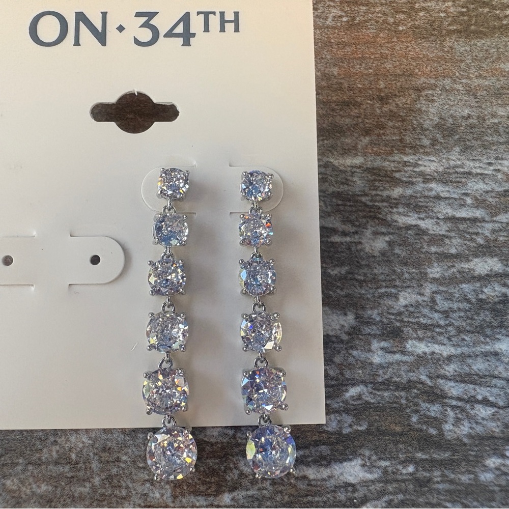 NWT, On 34th, Elegant Silver Crystal Drop Earrings - Picture 2 of 4